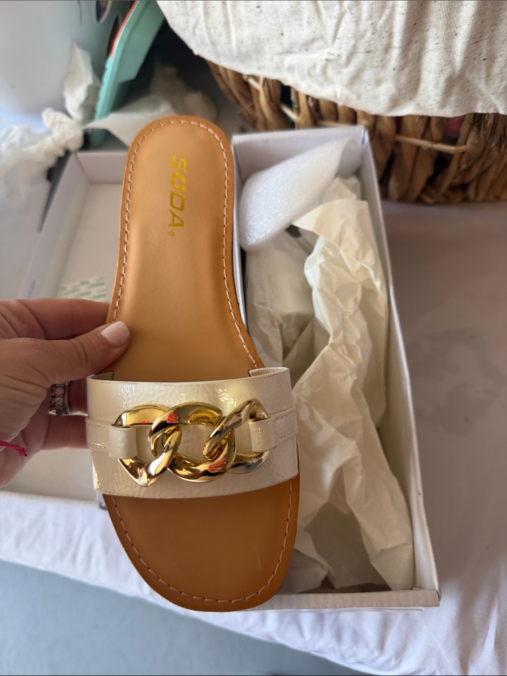 SODA White Slide Sandal with Gold Chain Accent - Picture 2 of 3